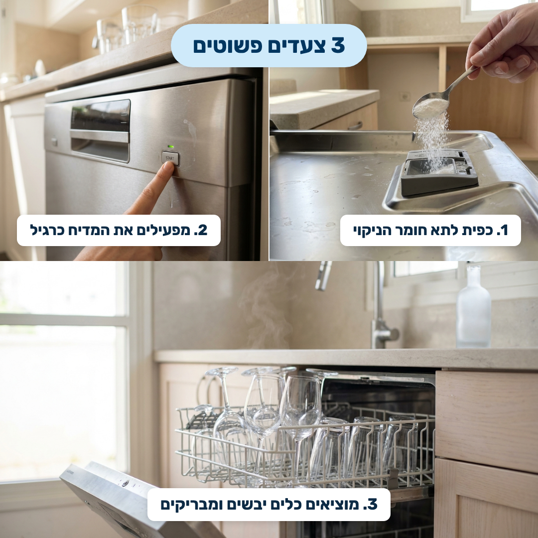 3 צעדים פשוטים — כפית לתא חומר הניקוי, מפעילים את המדיח, מוציאים כלים יבשים ומבריקים