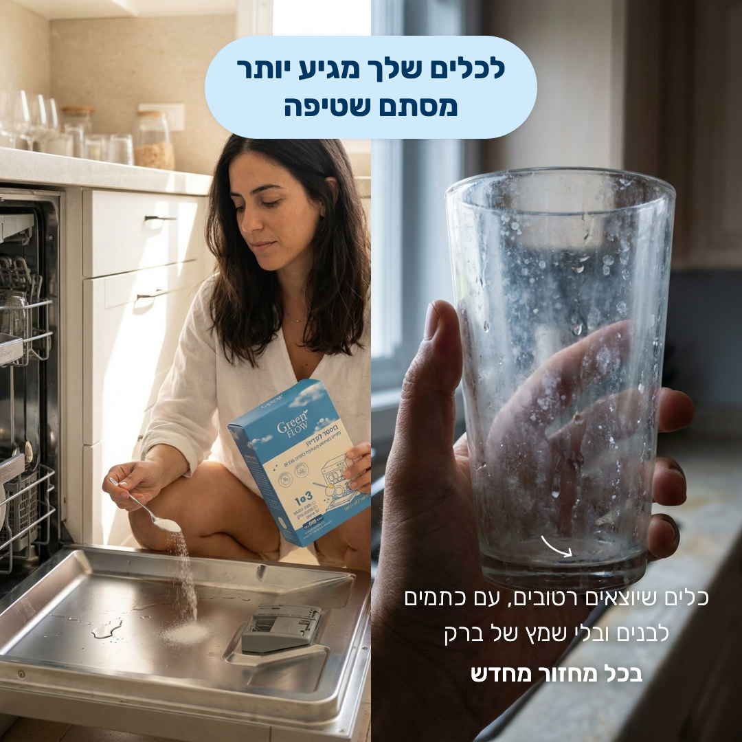 לכלים שלך מגיע יותר מסתם שטיפה — כוס עם כתמים לבנים מול הבוסטר של Green Flow