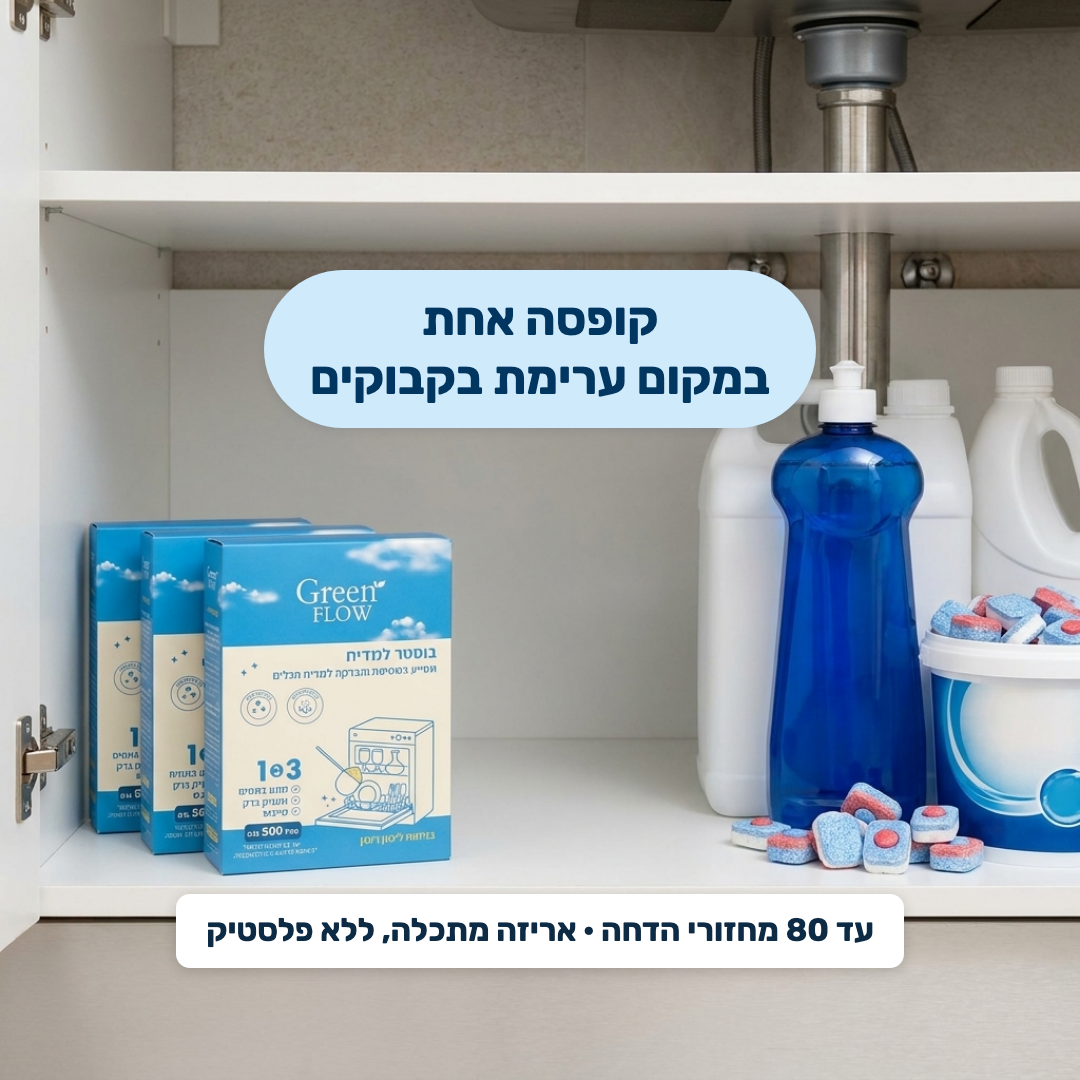 קופסה אחת במקום ערימת בקבוקים — עד 80 מחזורי הדחה, אריזה מתכלה ללא פלסטיק